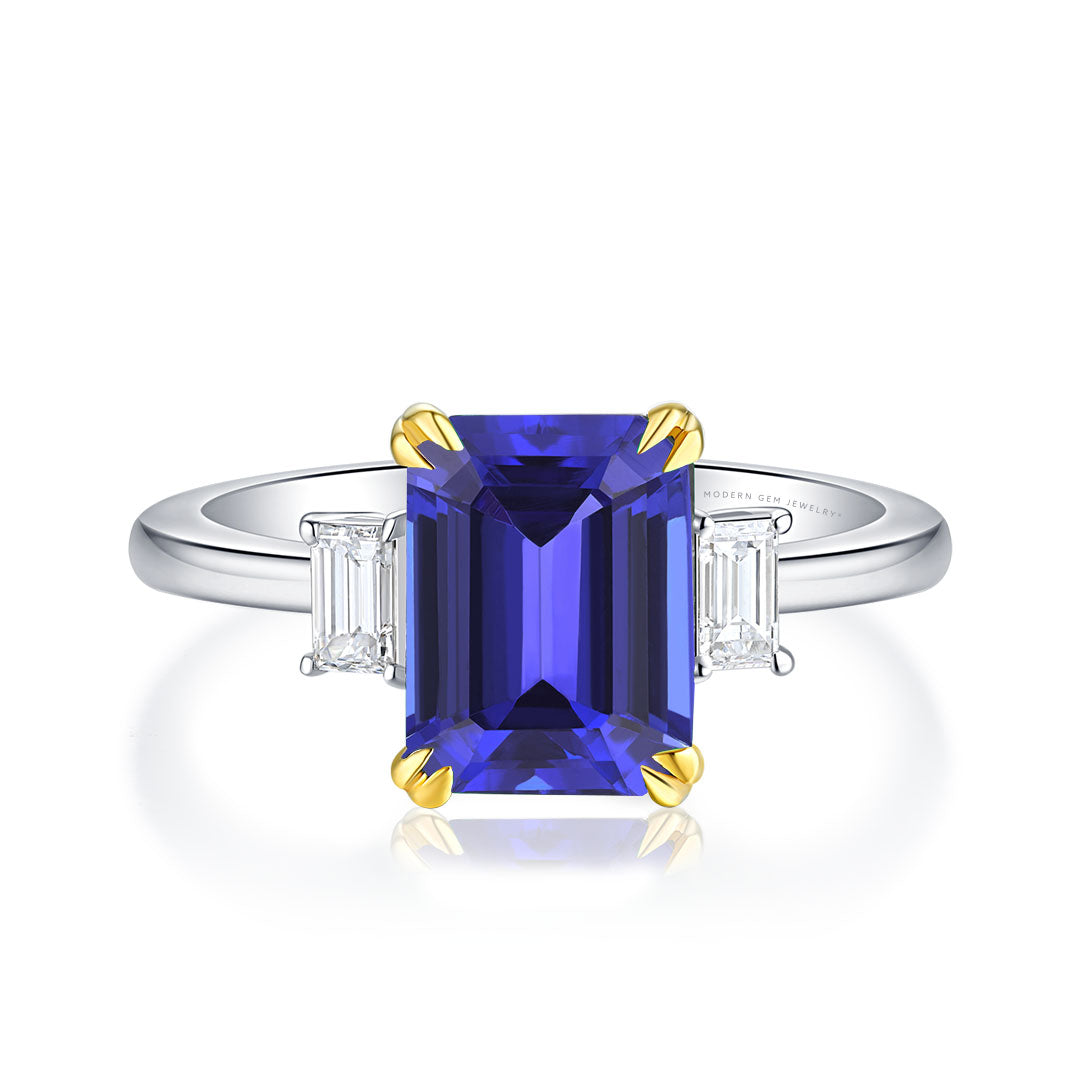 Tanzanite Engagement Ring with Diamonds | 10 carat Tanzanite Three Stone Ring  with Gold Prong | Modern Gem Jewelry | Saratti 