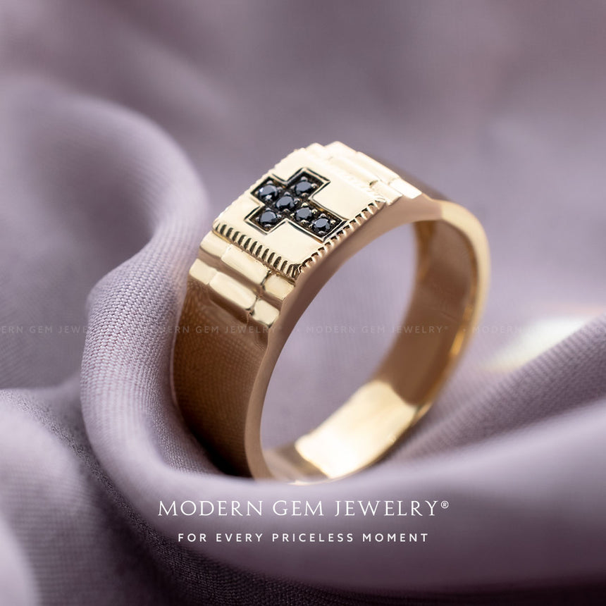 Black Diamond Golden Cross Ring for Men 