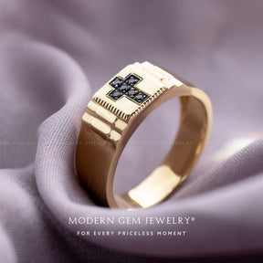 Black Diamond Cross Ring in Yellow Gold | Men Wedding Band in Yellow Gold with Black Diamond in Cross Design | Modern Gem Jewelry | Saratti