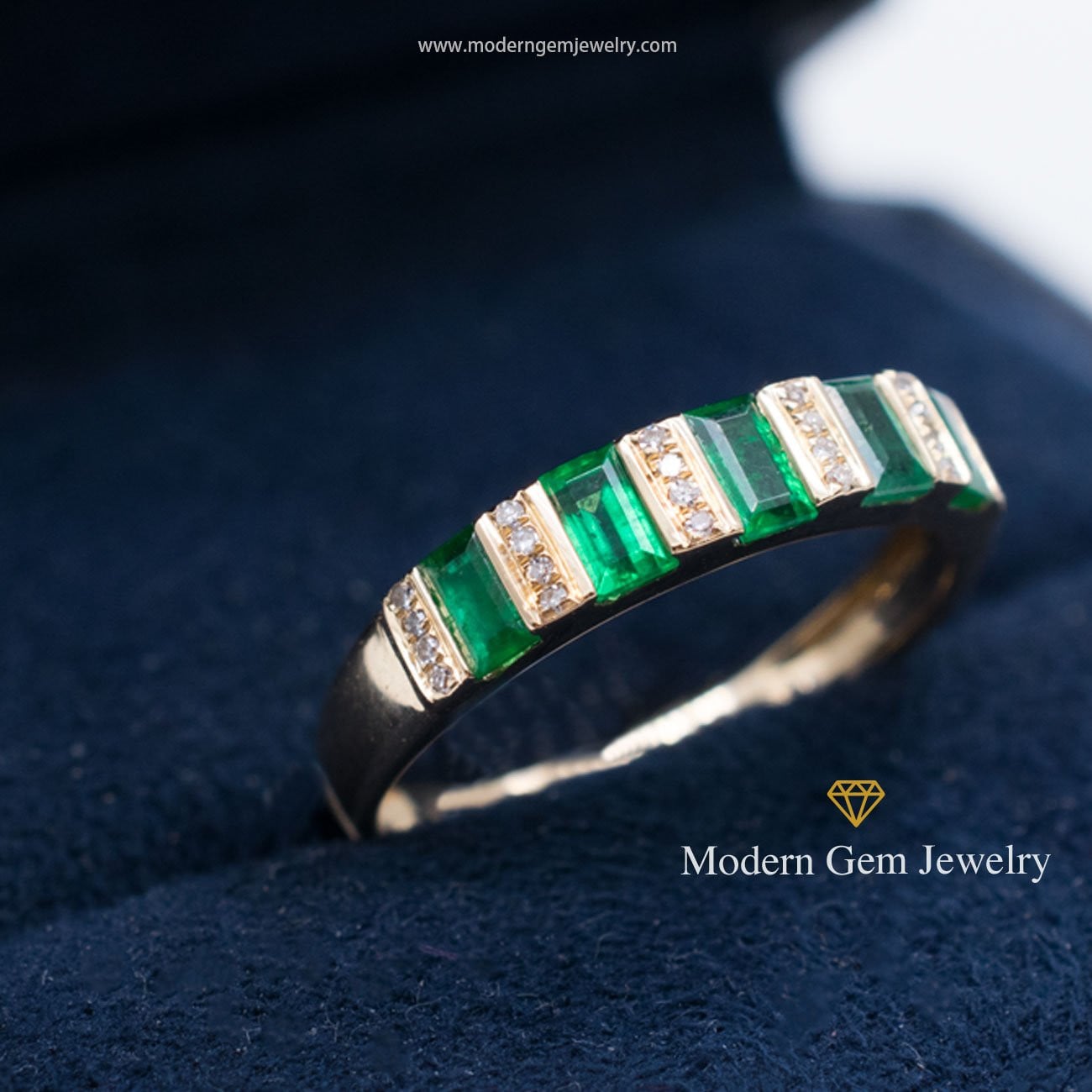 Emerald Stackable Ring with Diamonds in Yellow Gold | Modern Gem Jewelry