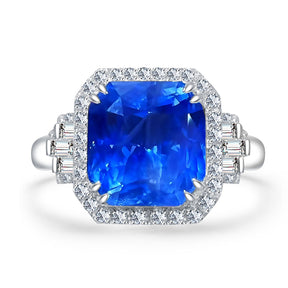 7 carats Emerald Cut Natural Sapphire Diamonds 18K White Gold Halo Engagement Ring - Modern Gem Jewelry®