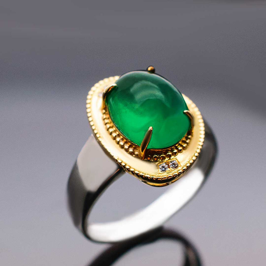 Two Tone Gold Natural Cabochon Emerald Ring 