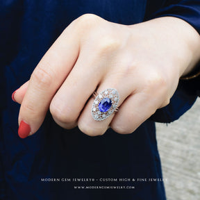 Elegant Oval Royal Blue Sapphire and Diamond Cocktail Ring | Modern Gem Jewelry | Saratti
