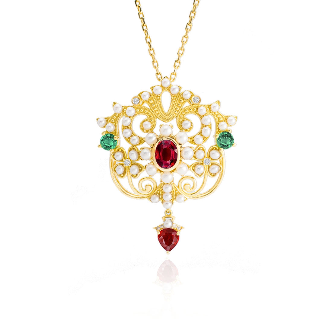 Red Ruby Necklace & Pearl Yellow Gold Pendant | | Saratti