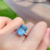 Blue Stone Ring with Emerald cut Natural Aquamarine and Diamonds in 18K White Gold | Modern Gem Jewelry