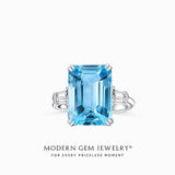 Blue Stone Ring with Emerald cut Natural Aquamarine and Diamonds in 18K White Gold | Modern Gem Jewelry