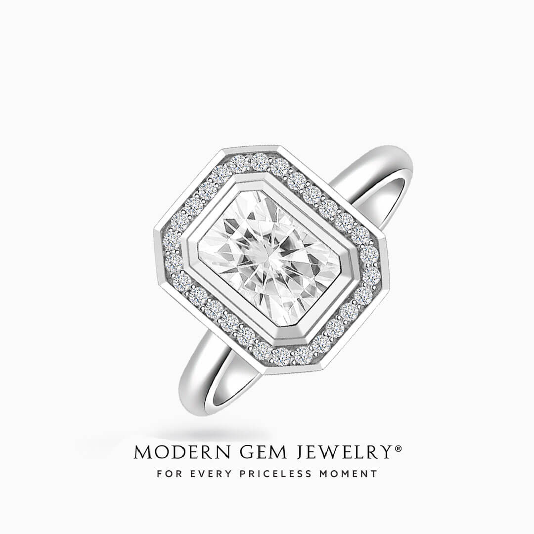 Radiant Cut Moissanite Halo Engagement Ring | Modern Gem Jewelry