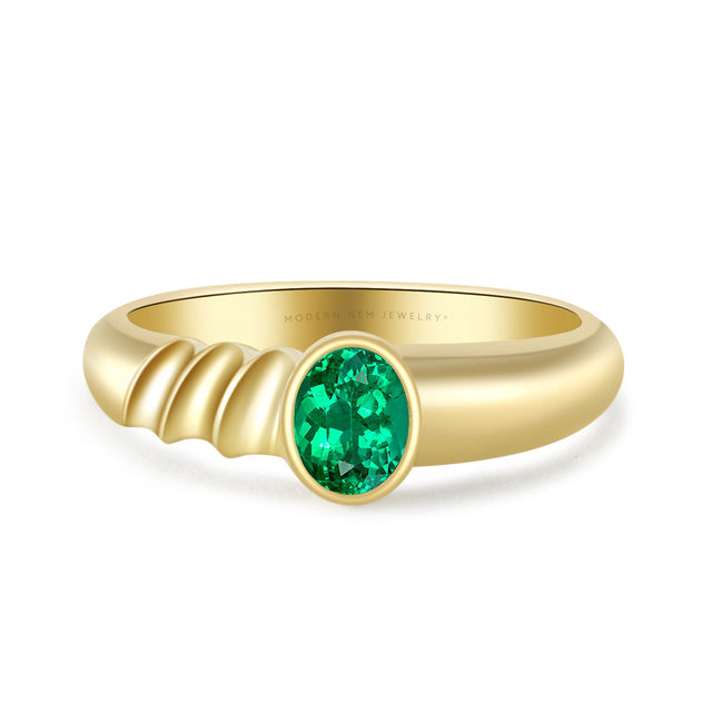 Bezel Set Emerald Ring in Yellow Gold Modern Gem Jewelry