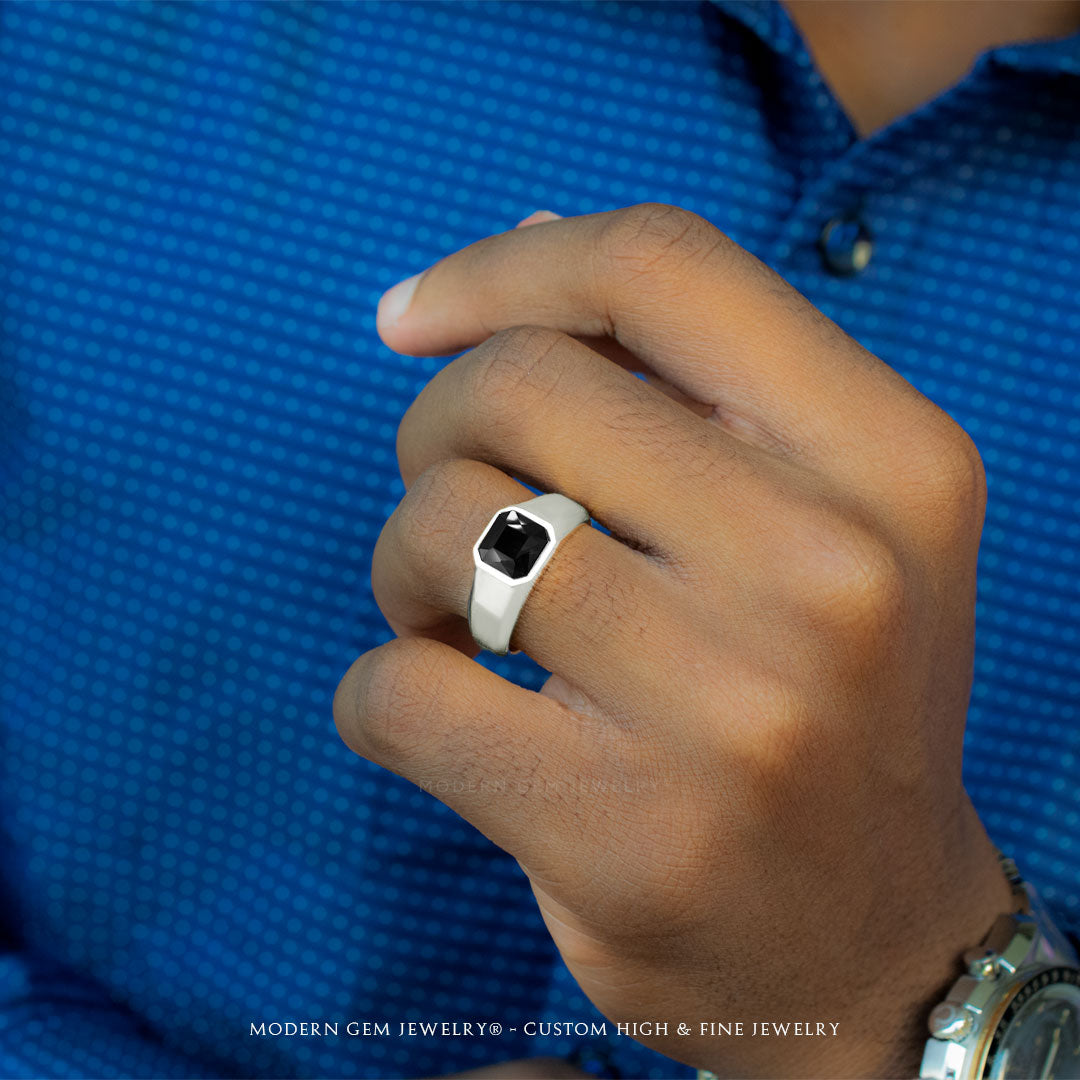 Matte Black Mens Wedding Band In White Gold | Custom Men Rings | Modern Gem Jewelry | Saratti
