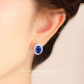 Blue Stud Oval Natural Sapphire and Diamonds | Modern Gem Jewelry
