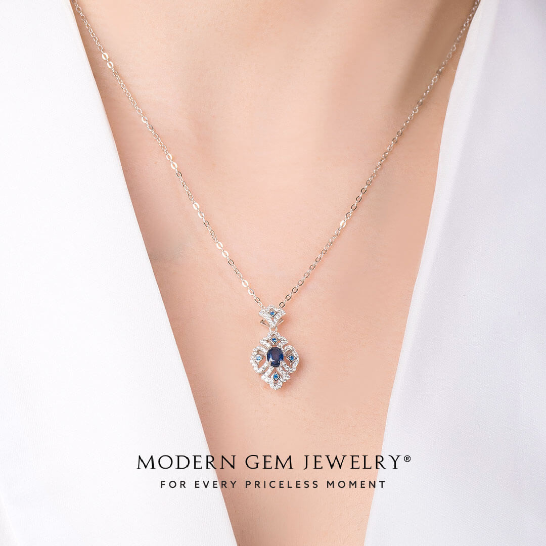 Vintage Inspired Sapphire Necklace on woman | Modern Gem Jewelry