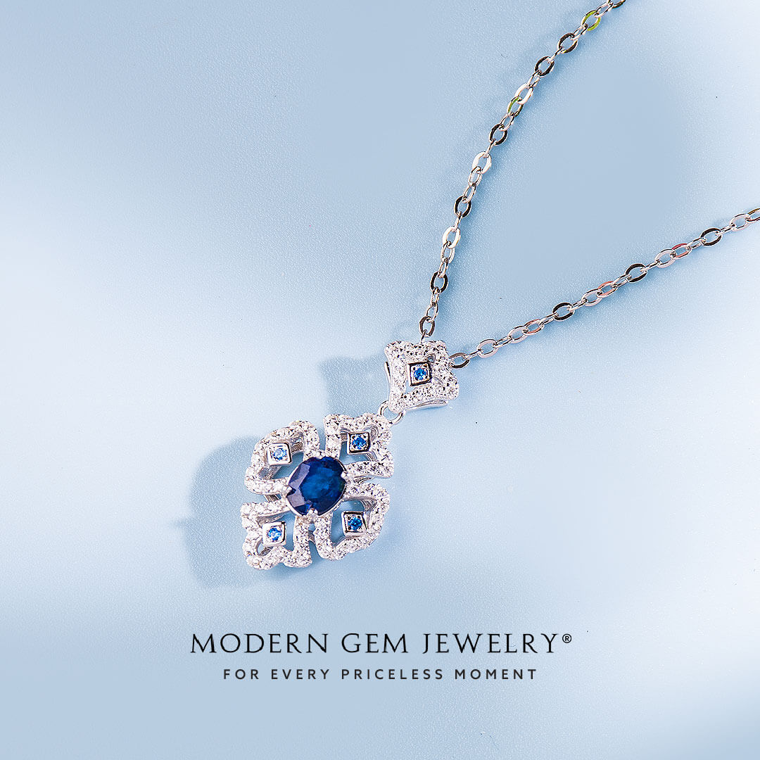 Unique Sapphire Necklace in 18K White with Cable Chain 42 cm | Modern Gem Jewelry