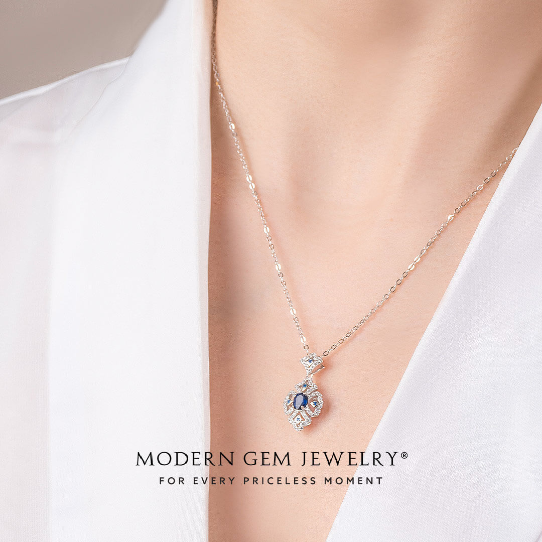 Vintage Natural Sapphire Diamonds Necklace on Woman | Modern Gem Jewelry