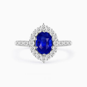 Oval Blue Sapphire and Diamond Halo White Gold Ring | Modern Gem Jewelry | Saratti