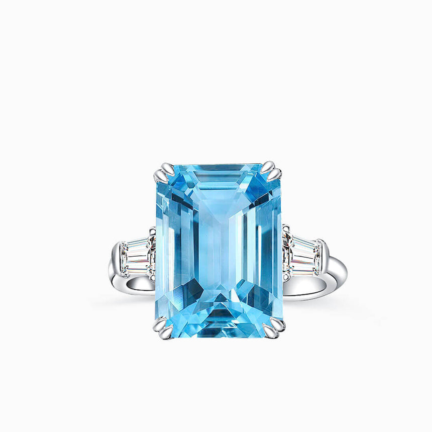 Blue Stone Ring with Emerald cut Natural Aquamarine and Diamonds in 18K White Gold | Modern Gem Jewelry