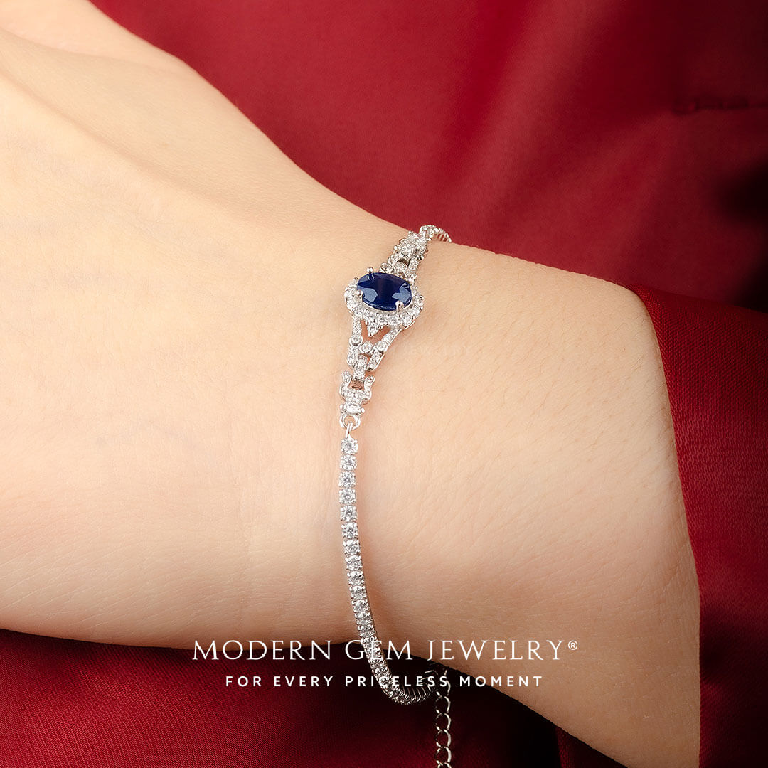 Oval Sapphire and Diamond Bracelet | 18K White Gold Luxury | Modern Gem Jewelry | Saratti
