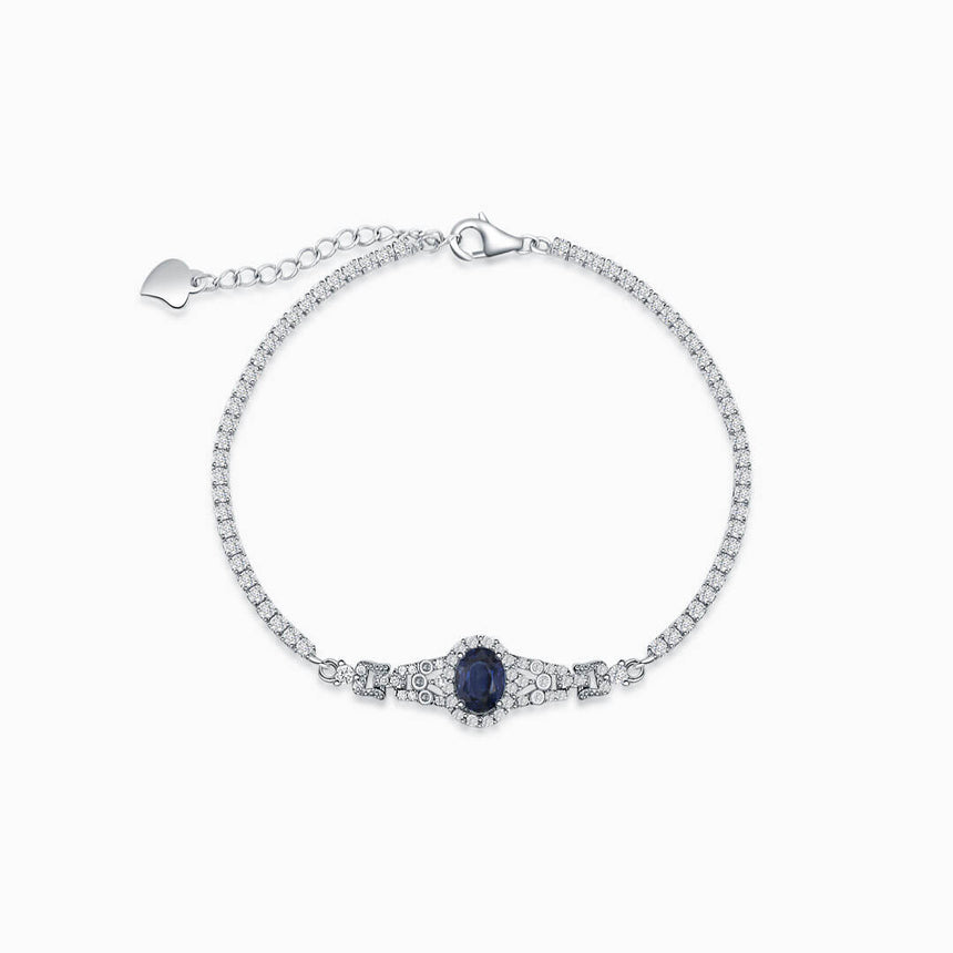 Blue Bracelet with Oval Natural Sapphire with Simulated Diamonds and Lobster Clasp in Silver | Modern Gem Jewelry