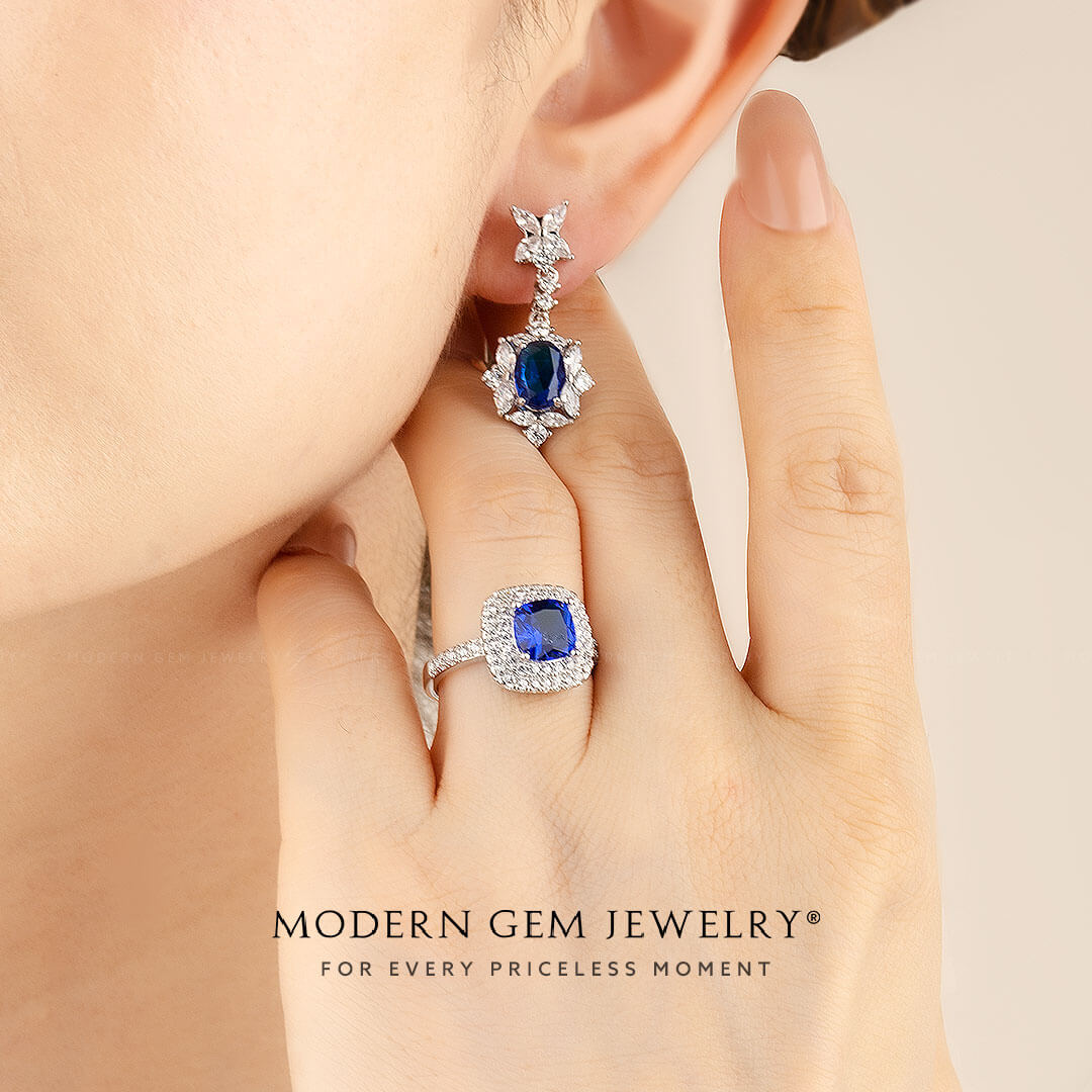 Blue Sapphire and Diamond Earrings in 18K White Gold | Modern Gem Jewelry | Saratti