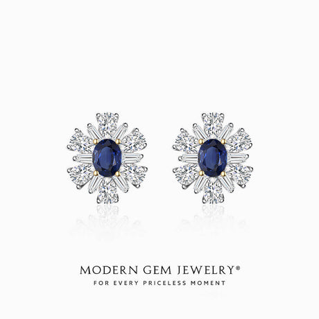 Prong Set Star Motif Natural Oval Sapphire and Diamond Accent Stud Earrings