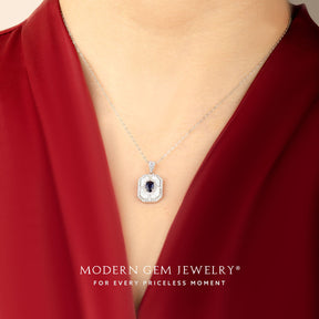 Blue Sapphire and Diamond Necklace in 18K White Gold | Saratti