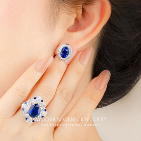 Oval Blue Sapphire and Diamonds Stud Earrings in 18k White Gold | Modern Gem Jewelry | Custom Luxury Jewelry