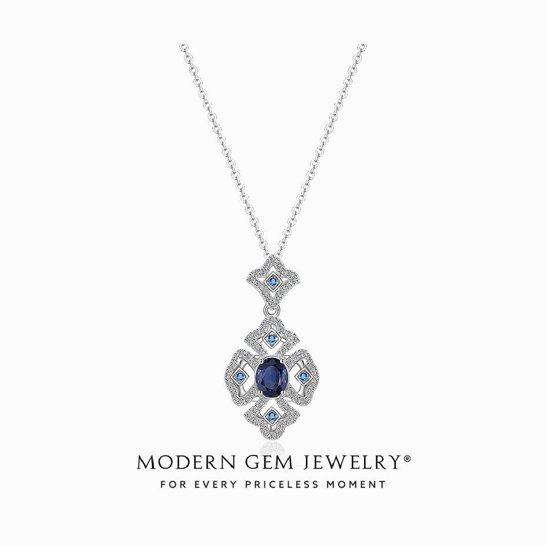 Oval Blue Sapphire Ncekalce in White Gold | Modern Gem Jewelry
