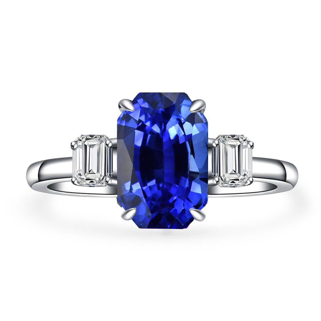Three Stone Emerald-Cut Diamond and 3 Carat Sapphire Ring | Cusotm Sapphire Engagement Ring | Modern Gem Jewelry | Saratti
