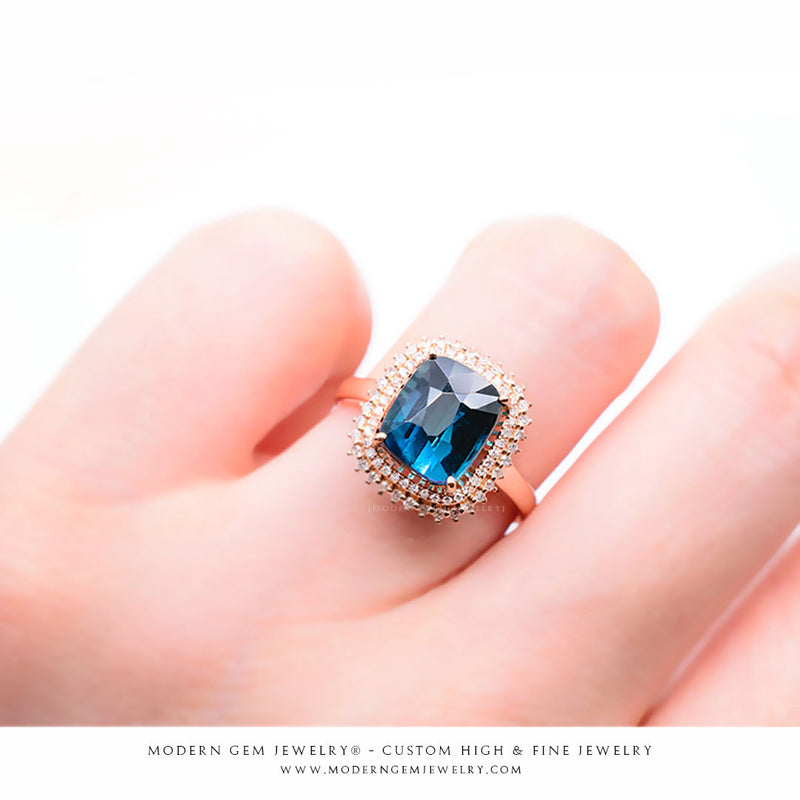 Intense Blue Tourmaline Double Diamond Halo Ring | Saratti