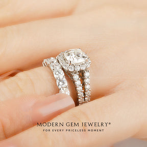 Cushion Cut Moissanite  Engagement Ring With Wedding Band on Finger | Modern Gem Jewelry