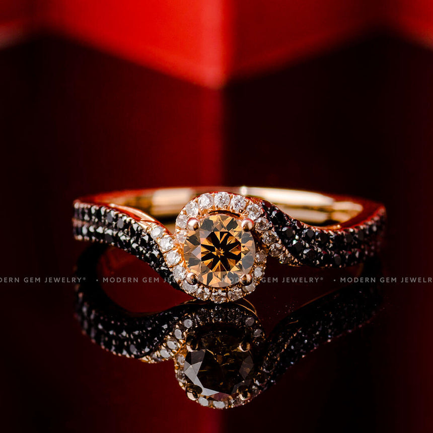 Champagne Diamond Ring in 18K Rose Gold with Black Diamonds Side Stones | Custom Jewelry| Modern Gem Jewelry