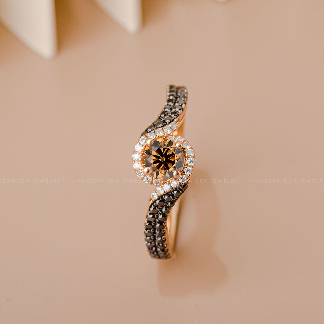 Champagne Diamond Ring in 18K Rose Gold with Black Diamonds Side Stones | Custom Jewelry| Modern Gem Jewelry