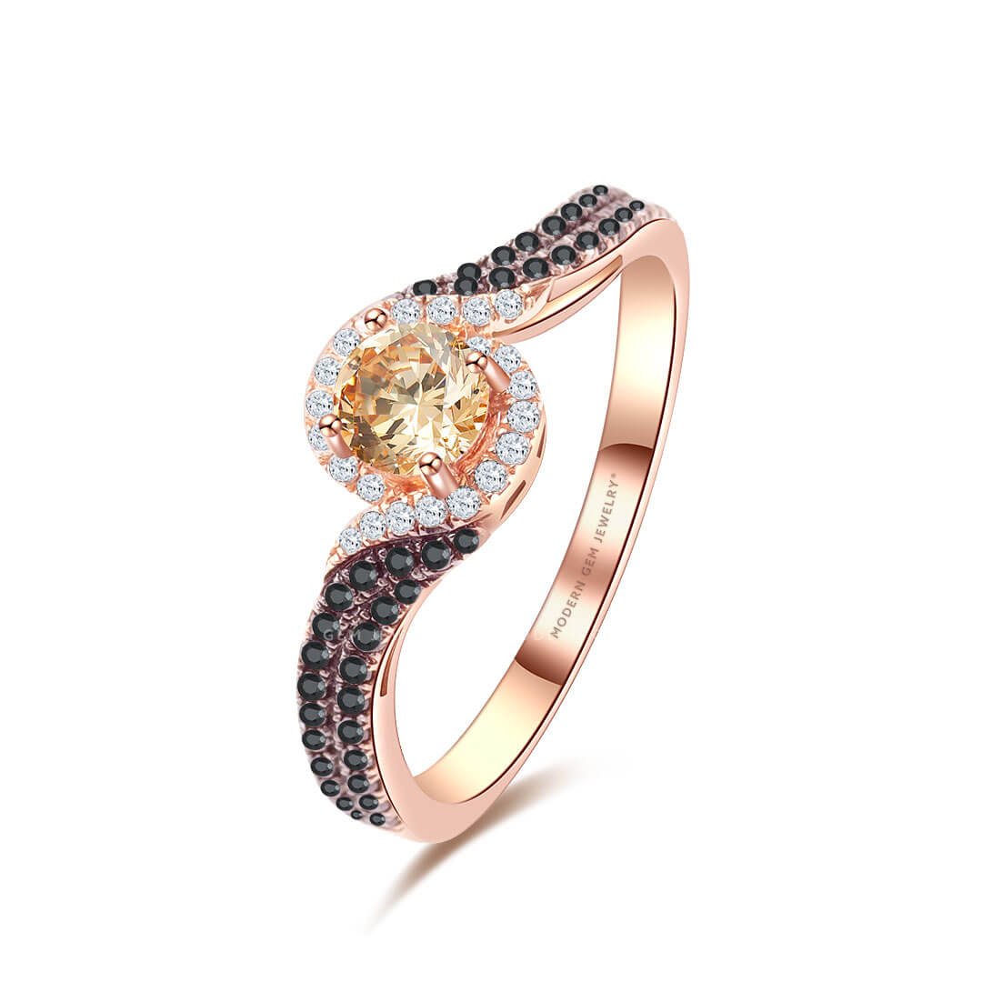 Champagne Diamond Ring in 18K Rose Gold with Black Diamonds Side Stones | Custom Jewelry| Modern Gem Jewelry