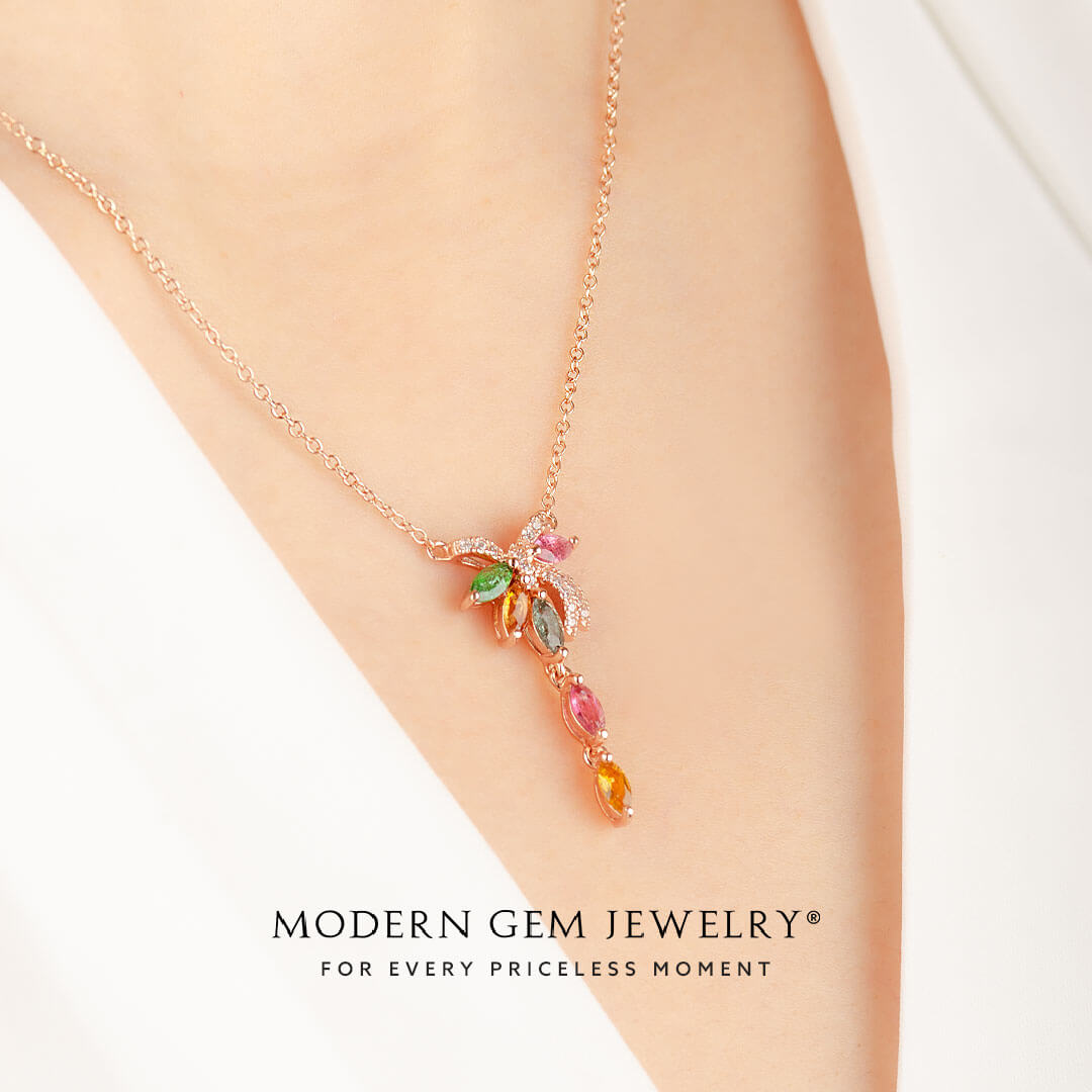 Colorful Tourmaline and Diamonds 18K Rose Gold Necklace on woman | Modern Gem Jewelry