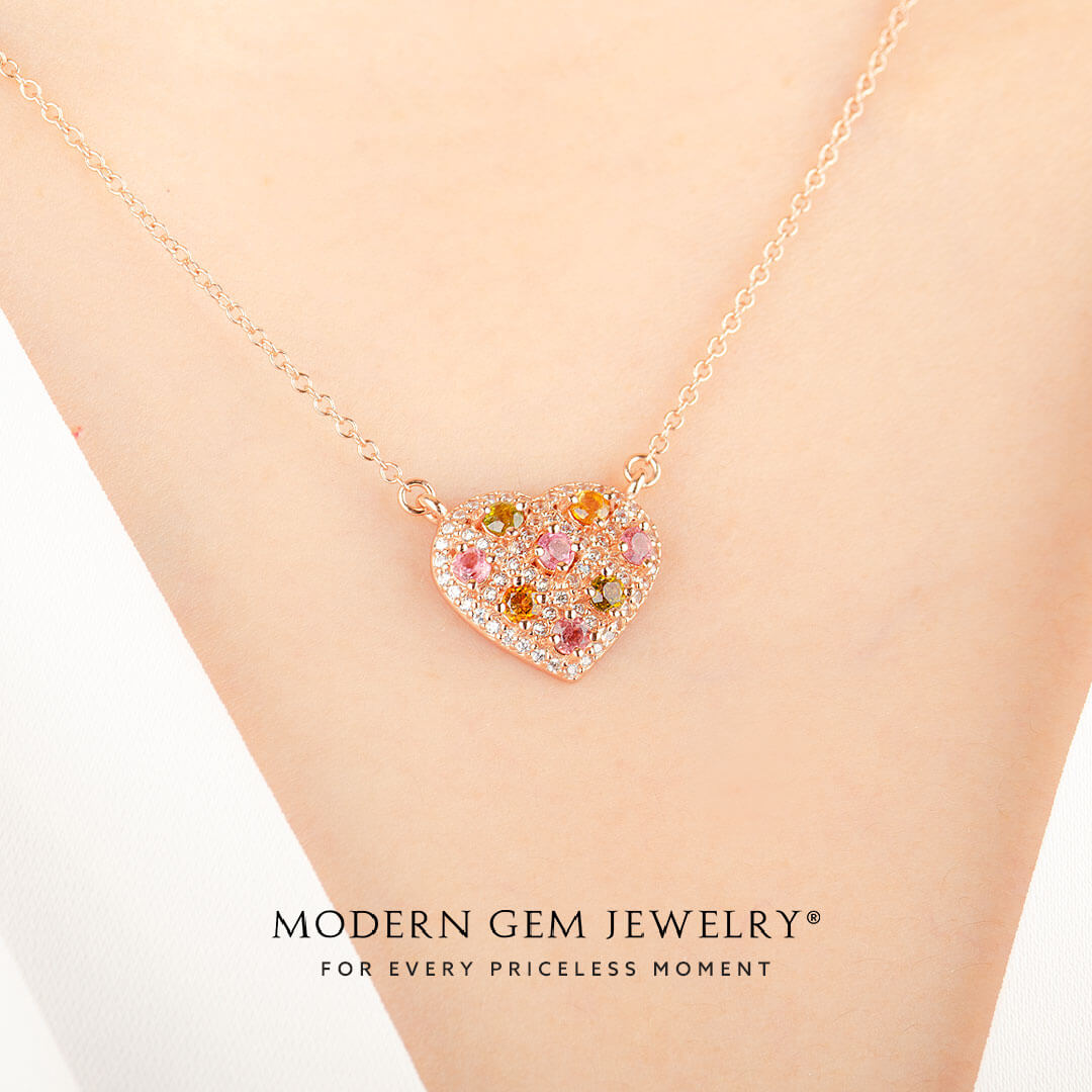 Heart Shape Pink Necklace with Touramline and Diamonds | Modern Gem Jewelry