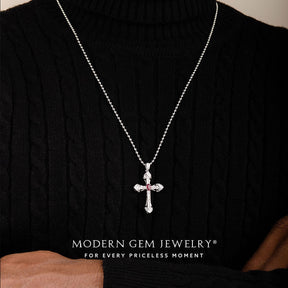 Oval Ruby and Diamond Cross Necklace on Man Model | Modern Gem Jewelry