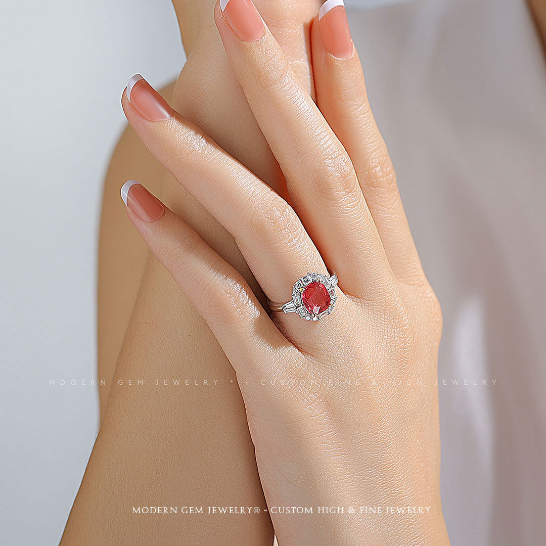 Ruby and Diamond Ring in White Gold | 1.6 carat GIA Ruby Ring  on Female's Finger | Modern Gem Jewelry | Saratti
