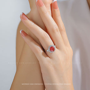 Ruby and Diamond Ring in White Gold | 1.6 carat GIA Ruby Ring  on Female's Finger | Modern Gem Jewelry | Saratti