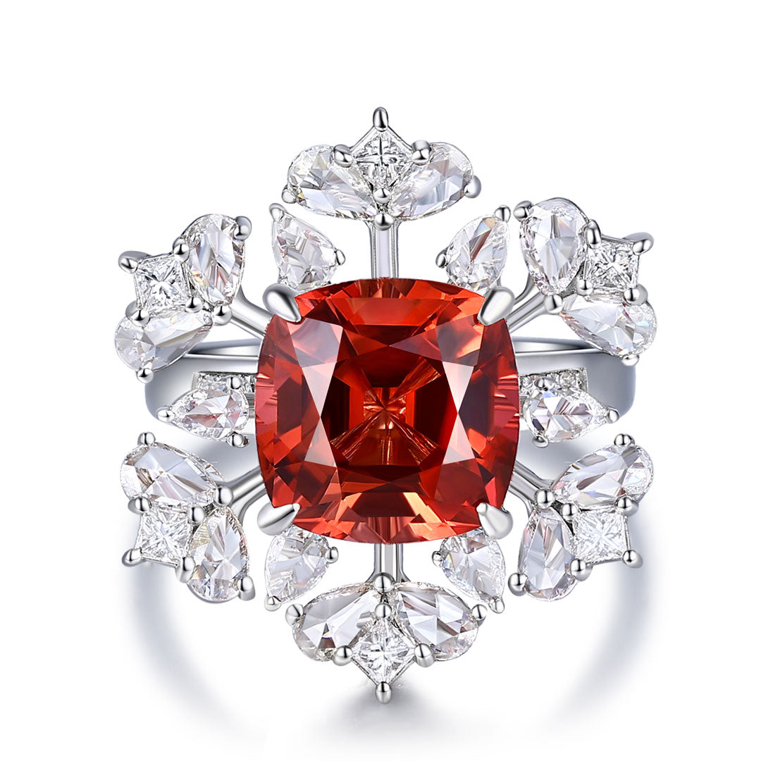 Red Cushion-Cut Tourmaline Rin with Rose Petals made of Diamond Accents  | 8 carat Cushion Cut Tourmaline Stone Ring | Modern Gem Jewelry | Saratti 