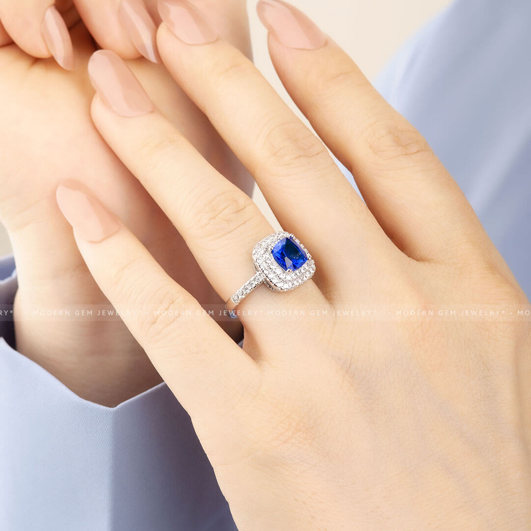 Gorgeous Double Halo Blue Sapphire and Diamond Ring | Modern Gem Jewelry | Saratti