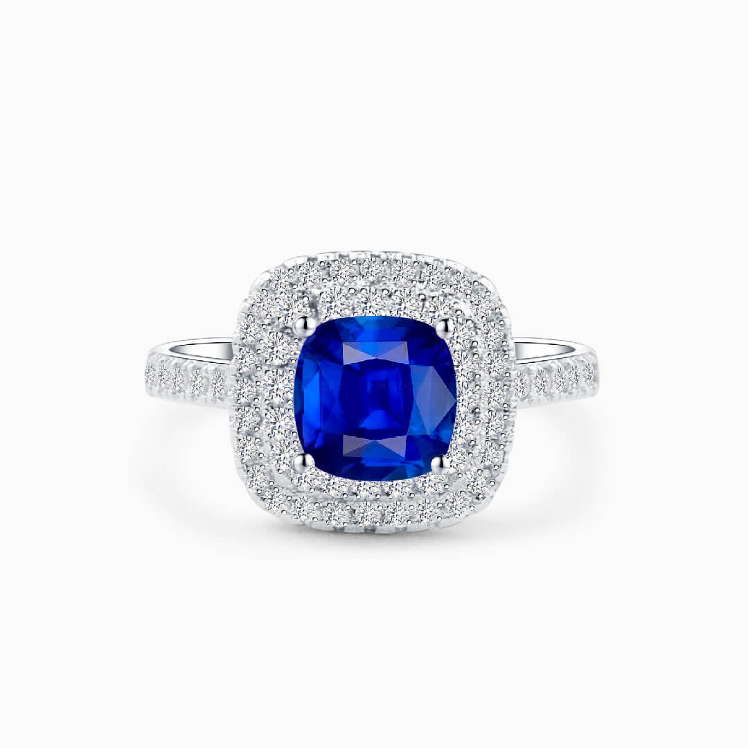 Classic Double Halo Blue Sapphire and Diamond Ring | Modern Gem Jewelry | Saratti