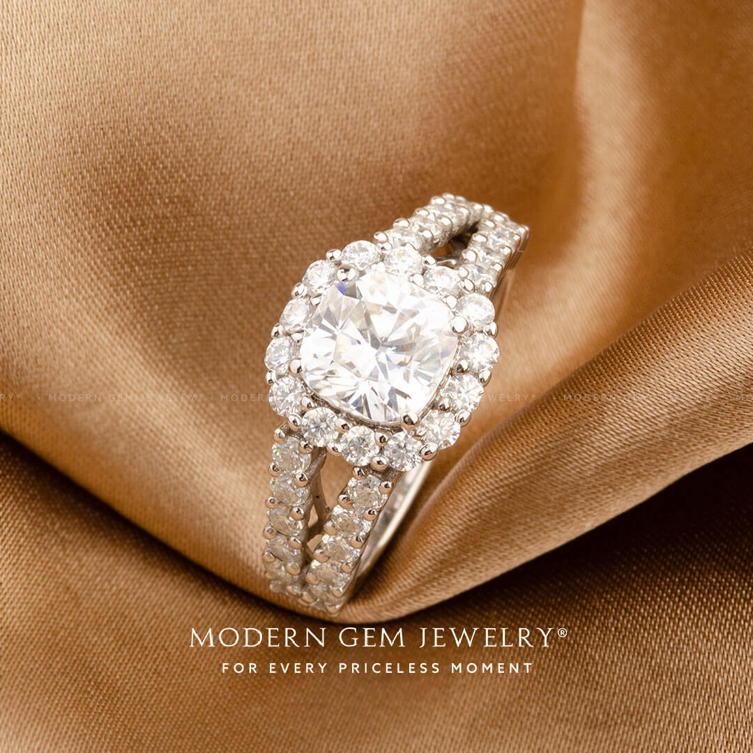 Cushion Cut Diamond Ring with Diamond Halo with a Split Shank Design with Wedding Band | Modern Gem Jewelry