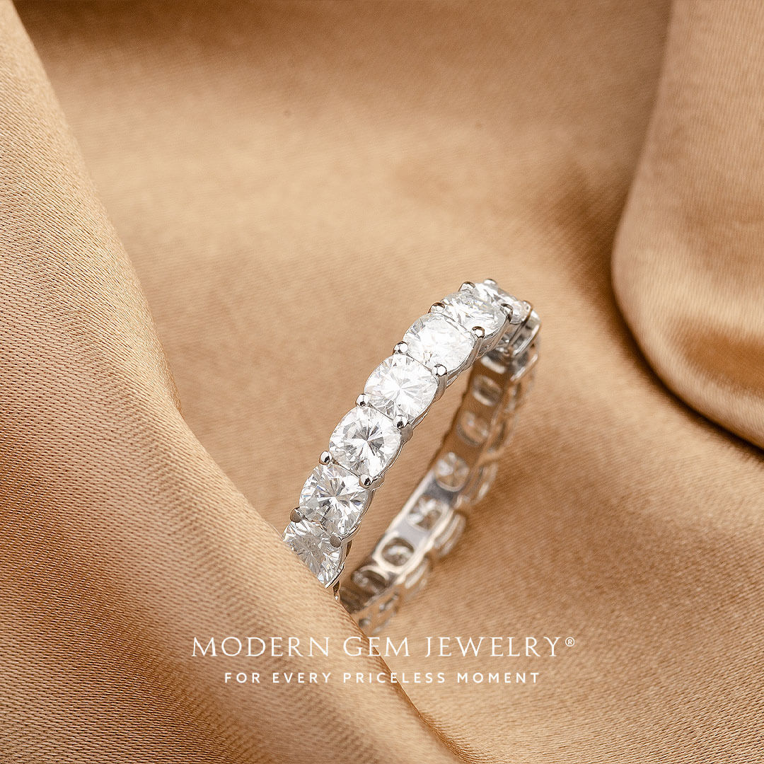 Cushion Cut Diamond Wedding Band in 18K White Gold in Eternity Band on Brown Silk  | Modern Gem Jewelry | Saratti 