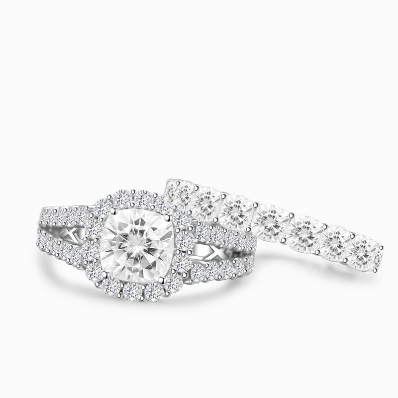 Split Shank Diamond Halo Ring with Radiant Cut Diamond Eternity Band | Saratti