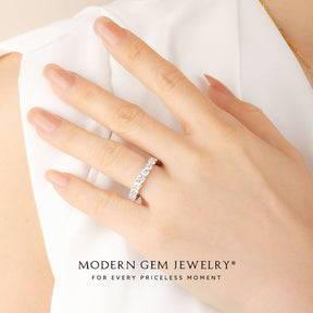 Cushion Cut Diamond Wedding Eternity Band in 18K White Gold  on Woman's Finger | Modern Gem Jewelry | Saratti 
