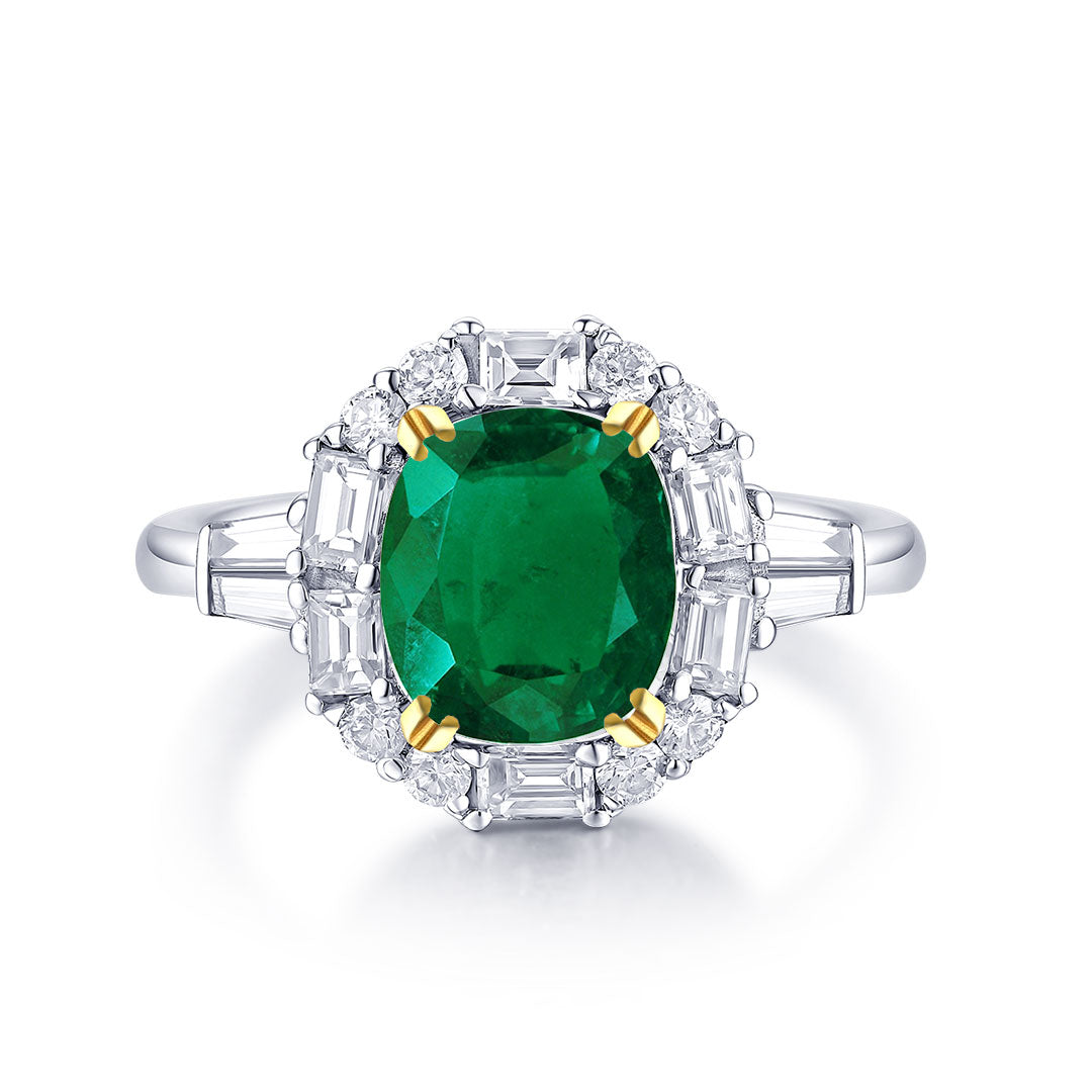 Cushion Cut Emerald Ring with Diamonds in White Gold  | Modern Gem Jewelry | Saratti