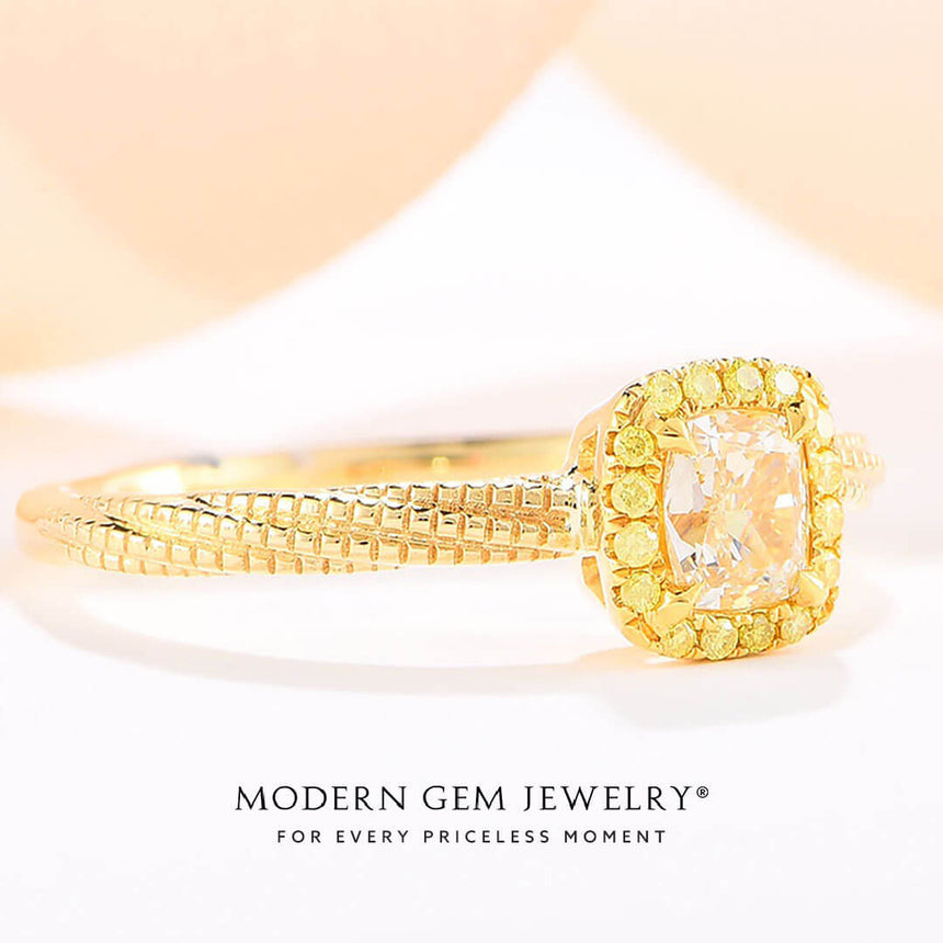 18K Yellow Gold Vintage Inspired Natural Fancy Yellow Diamond Ring 