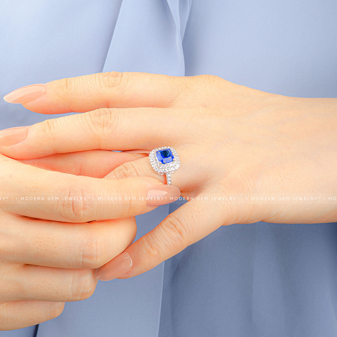 Incredible Classic Double Halo Blue Sapphire and Diamond Ring | Modern Gem Jewelry | Saratti