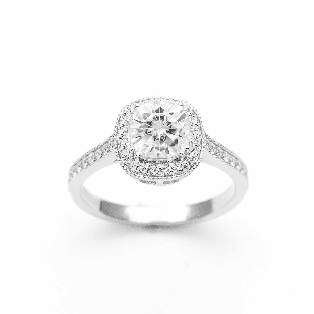 Cushion Cut Moissanite Ring with Halo in White Gold | Custom Made Engagement Ring | Modern Gem Jewelry
