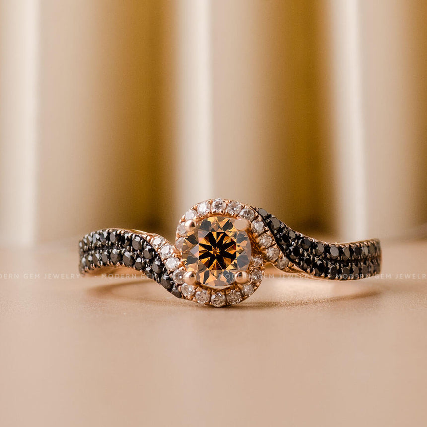 Black, Champagne and Colorless diamond 18K Rose gold ring 