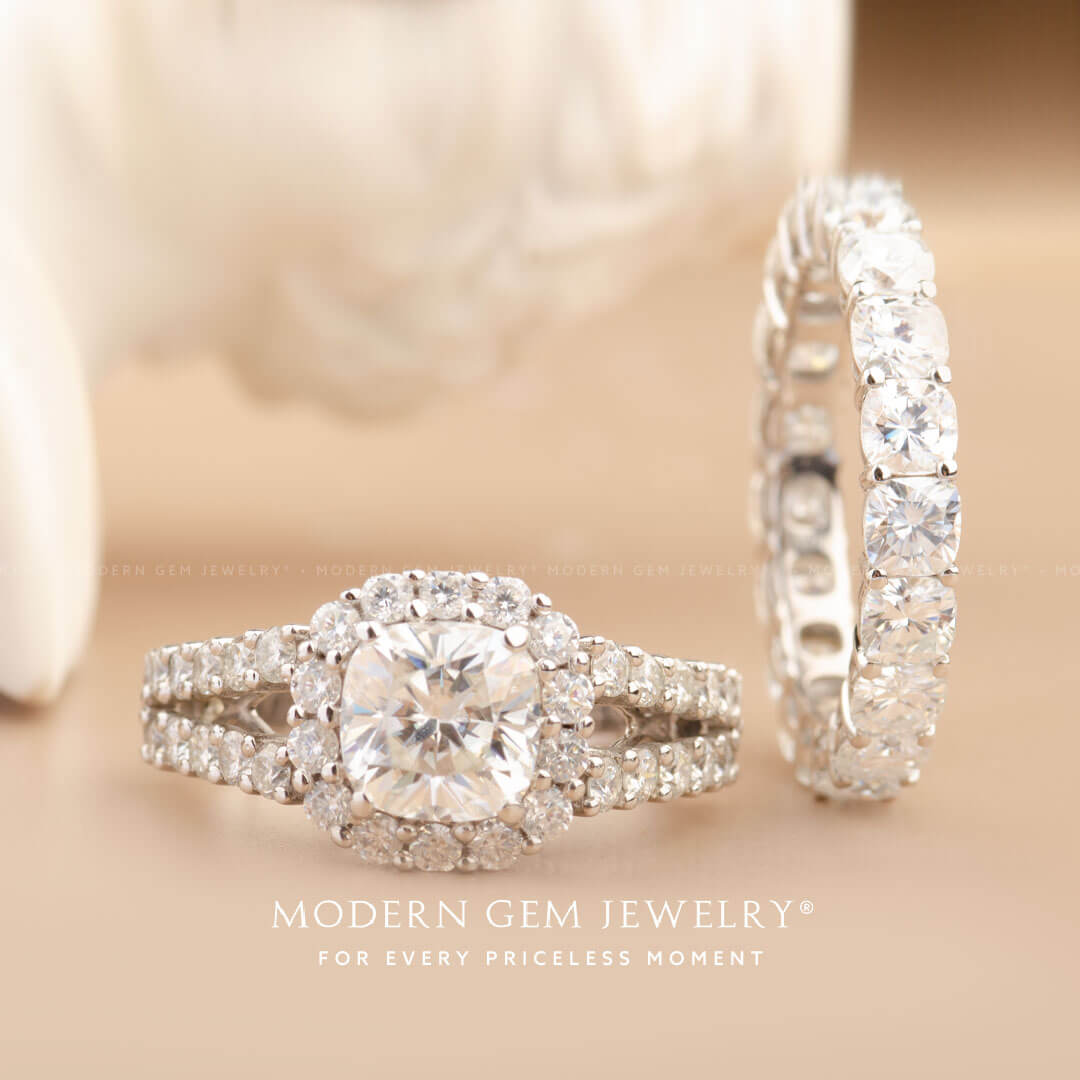 Unique Diamond Engagement Ring with Split Shank Ring and Wedding Band | Modern Gem Jewelry